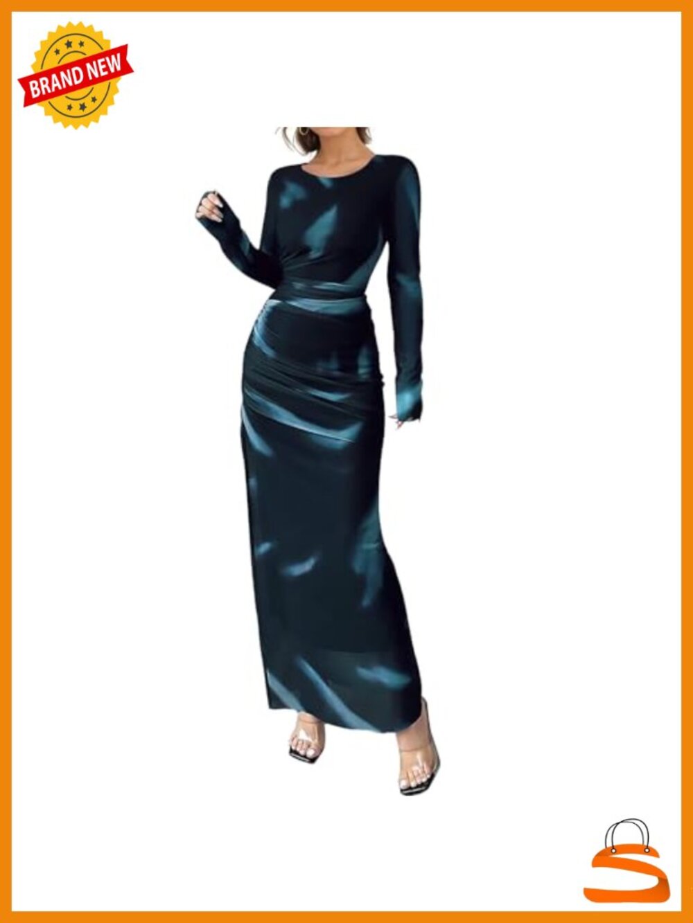 Long Sleeve Floral Maxi Dress Bodycon Mesh Ruched Formal